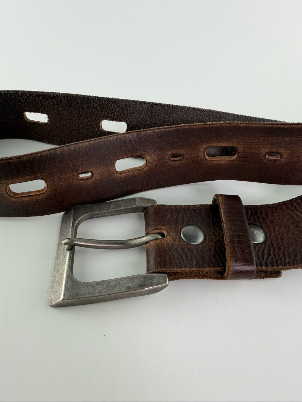 Vintage Y2K Perforated Leather Belt with Silver Tone Square Buckle Size 32 Brown - Picture 7 of 7